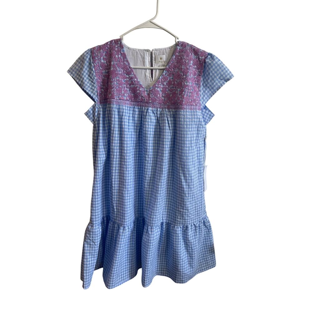 J.Marie NWT Ellie Embroidered Gingham Mini Dress Blue Purple Floral Sz L Preppy